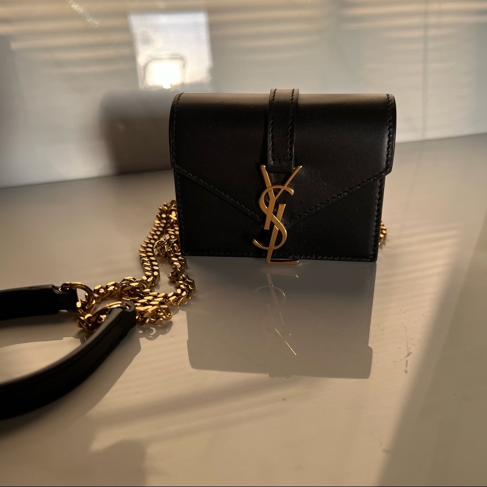 Yves Saint Laurent Black Mini Chain Wallet with Gold Hardware
